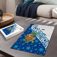 West Indies Christmas Puzzle with Santa Riding Turtle Palm Tree and Tribal Snowflake Design - Wonder Print Shop