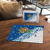West Indies Christmas Puzzle with Santa Riding Turtle Palm Tree and Tribal Snowflake Design - Wonder Print Shop