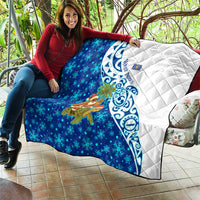 West Indies Christmas Quilt with Santa Riding Turtle Palm Tree and Tribal Snowflake Design - Wonder Print Shop