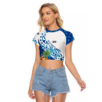 West Indies Christmas Raglan Cropped T Shirt with Santa Riding Turtle Palm Tree and Tribal Snowflake Design - Wonder Print Shop