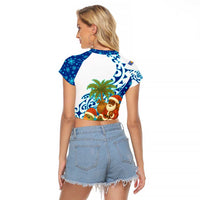 West Indies Christmas Raglan Cropped T Shirt with Santa Riding Turtle Palm Tree and Tribal Snowflake Design - Wonder Print Shop