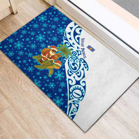 West Indies Christmas Rubber Doormat with Santa Riding Turtle Palm Tree and Tribal Snowflake Design - Wonder Print Shop