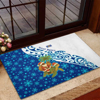 West Indies Christmas Rubber Doormat with Santa Riding Turtle Palm Tree and Tribal Snowflake Design - Wonder Print Shop