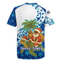 West Indies Christmas Rugby Jersey with Santa Riding Turtle Palm Tree and Tribal Snowflake Design - Wonder Print Shop