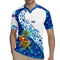 West Indies Christmas Rugby Jersey with Santa Riding Turtle Palm Tree and Tribal Snowflake Design - Wonder Print Shop