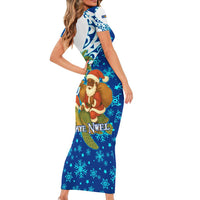 West Indies Christmas Short Sleeve Bodycon Dress with Santa Riding Turtle Palm Tree and Tribal Snowflake Design - Wonder Print Shop