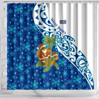 West Indies Christmas Shower Curtain with Santa Riding Turtle Palm Tree and Tribal Snowflake Design - Wonder Print Shop