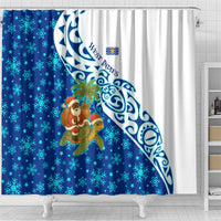 West Indies Christmas Shower Curtain with Santa Riding Turtle Palm Tree and Tribal Snowflake Design - Wonder Print Shop