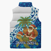 West Indies Christmas Sleeveless Puffer Jacket with Santa Riding Turtle Palm Tree and Tribal Snowflake Design - Wonder Print Shop