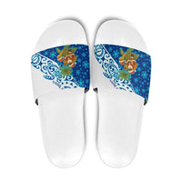 West Indies Christmas Slide Sandals with Santa Riding Turtle Palm Tree and Tribal Snowflake Design - Wonder Print Shop