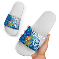 West Indies Christmas Slide Sandals with Santa Riding Turtle Palm Tree and Tribal Snowflake Design - Wonder Print Shop