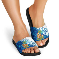 West Indies Christmas Slide Sandals with Santa Riding Turtle Palm Tree and Tribal Snowflake Design - Wonder Print Shop