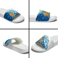 West Indies Christmas Slide Sandals with Santa Riding Turtle Palm Tree and Tribal Snowflake Design - Wonder Print Shop