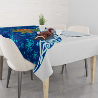 West Indies Christmas Tablecloth with Santa Riding Turtle Palm Tree and Tribal Snowflake Design - Wonder Print Shop