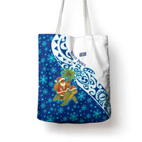 West Indies Christmas Tote Bag with Santa Riding Turtle Palm Tree and Tribal Snowflake Design - Wonder Print Shop