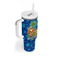 West Indies Christmas Tumbler With Handle with Santa Riding Turtle Palm Tree and Tribal Snowflake Design - Wonder Print Shop