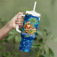 West Indies Christmas Tumbler With Handle with Santa Riding Turtle Palm Tree and Tribal Snowflake Design - Wonder Print Shop