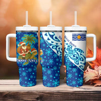 West Indies Christmas Tumbler With Handle with Santa Riding Turtle Palm Tree and Tribal Snowflake Design - Wonder Print Shop