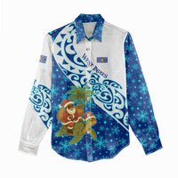 West Indies Christmas Women Casual Shirt with Santa Riding Turtle Palm Tree and Tribal Snowflake Design - Wonder Print Shop