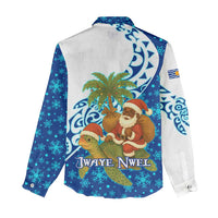 West Indies Christmas Women Casual Shirt with Santa Riding Turtle Palm Tree and Tribal Snowflake Design - Wonder Print Shop