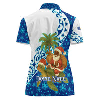 West Indies Christmas Women Polo Shirt with Santa Riding Turtle Palm Tree and Tribal Snowflake Design - Wonder Print Shop