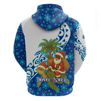 West Indies Christmas Zip Hoodie with Santa Riding Turtle Palm Tree and Tribal Snowflake Design - Wonder Print Shop