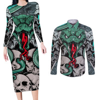 Infernal Trio Couples Matching Long Sleeve Bodycon Dress and Long Sleeve Button Shirts Skull, Viper, and Sinister Snake - Wonder Print Shop