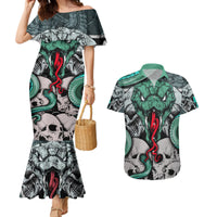 Infernal Trio Couples Matching Mermaid Dress and Hawaiian Shirt Skull, Viper, and Sinister Snake - Wonder Print Shop