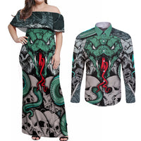 Infernal Trio Couples Matching Off Shoulder Maxi Dress and Long Sleeve Button Shirts Skull, Viper, and Sinister Snake - Wonder Print Shop