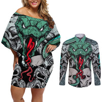 Infernal Trio Couples Matching Off Shoulder Short Dress and Long Sleeve Button Shirts Skull, Viper, and Sinister Snake - Wonder Print Shop