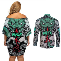 Infernal Trio Couples Matching Off Shoulder Short Dress and Long Sleeve Button Shirts Skull, Viper, and Sinister Snake - Wonder Print Shop