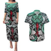 Infernal Trio Couples Matching Puletasi Dress and Hawaiian Shirt Skull, Viper, and Sinister Snake - Wonder Print Shop