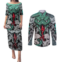 Infernal Trio Couples Matching Puletasi Dress and Long Sleeve Button Shirts Skull, Viper, and Sinister Snake - Wonder Print Shop