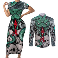 Infernal Trio Couples Matching Short Sleeve Bodycon Dress and Long Sleeve Button Shirts Skull, Viper, and Sinister Snake - Wonder Print Shop