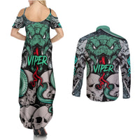Infernal Trio Couples Matching Summer Maxi Dress and Long Sleeve Button Shirts Skull, Viper, and Sinister Snake - Wonder Print Shop