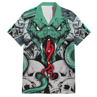 Green-collared Hawaiian shirt with green skull, red snake graphic, and teal serpent accents