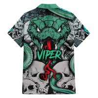 Green-collared Hawaiian shirt with skulls, green viper graphic, and teal snake details