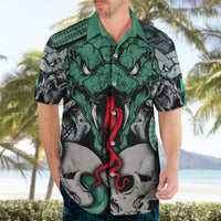 Green-collared Hawaiian shirt with green skull and red snake print, teal serpent detail