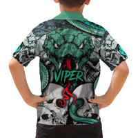 Back view Hawaiian shirt with green collar, skulls, teal serpent, and “VIPER” text
