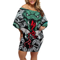 Infernal Trio Off Shoulder Short Dress Skull, Viper, and Sinister Snake - Wonder Print Shop