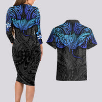 Polynesian Ray Pattern Couples Matching Long Sleeve Bodycon Dress and Hawaiian Shirt - Wonder Print Shop