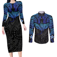 Polynesian Ray Pattern Couples Matching Long Sleeve Bodycon Dress and Long Sleeve Button Shirt - Wonder Print Shop