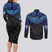 Polynesian Ray Pattern Couples Matching Long Sleeve Bodycon Dress and Long Sleeve Button Shirt - Wonder Print Shop