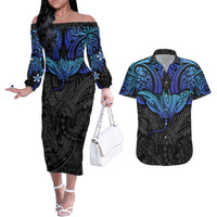 Polynesian Ray Pattern Couples Matching Off The Shoulder Long Sleeve Dress and Hawaiian Shirt - Wonder Print Shop