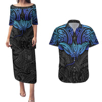 Polynesian Ray Pattern Couples Matching Puletasi Dress and Hawaiian Shirt - Wonder Print Shop