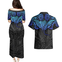 Polynesian Ray Pattern Couples Matching Puletasi Dress and Hawaiian Shirt - Wonder Print Shop
