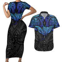 Polynesian Ray Pattern Couples Matching Short Sleeve Bodycon Dress and Hawaiian Shirt - Wonder Print Shop