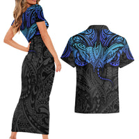 Polynesian Ray Pattern Couples Matching Short Sleeve Bodycon Dress and Hawaiian Shirt - Wonder Print Shop