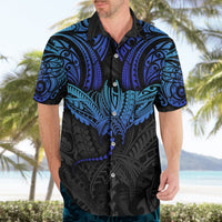 Black Hawaiian button-up shirt with blue polynesian ray print across chest, button front, collar