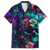 Multicolor Hawaiian shirt, short sleeves, button-up, teal skull with large flowers